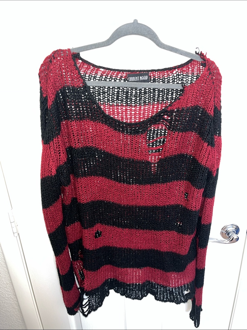 Current Mood Red and Black Striped Open-Knit Distressed Sweater